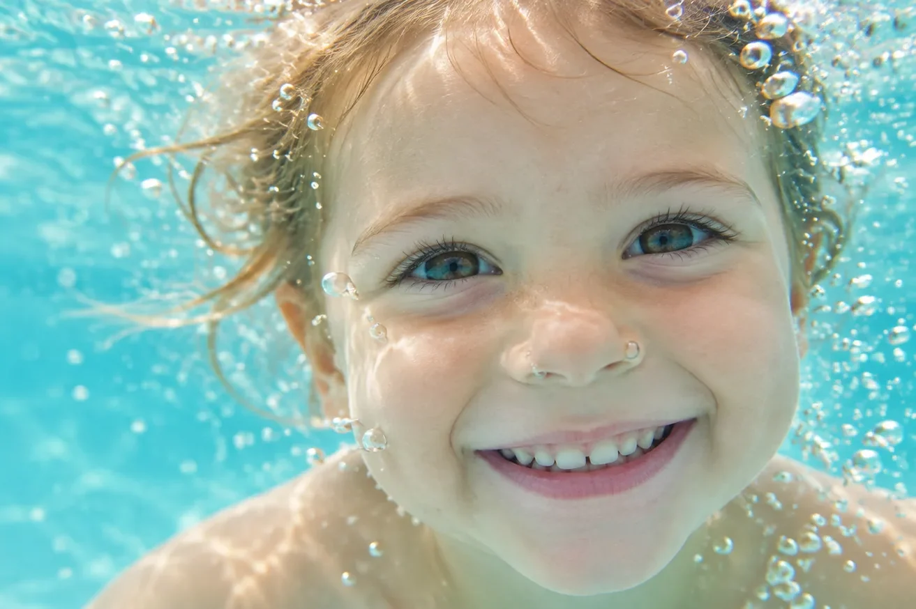 Enfant souriant sous l’eau pendant son apprentissage de la natation